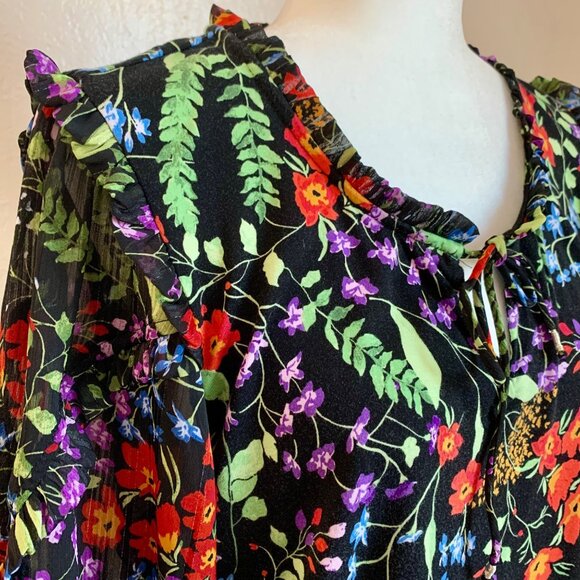 ANTHROPOLOGIE Maeve Jacquin Peasant Blouse Black Floral Ruffle Sleeve Blouse L - Picture 3 of 11